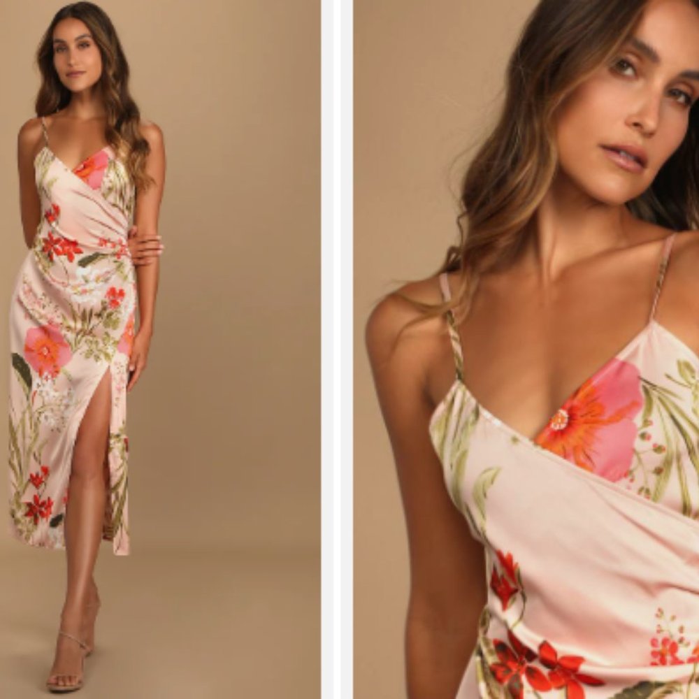 Remarkable Entrance Pink Floral Print Satin Midi Dress Size S NWT